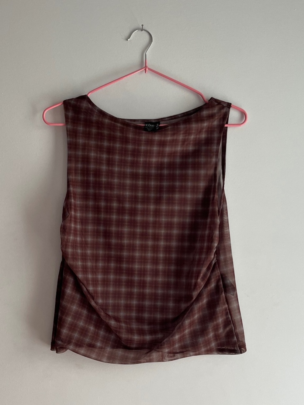 Sheer plaid tank with boatneck and side ruching - Size L